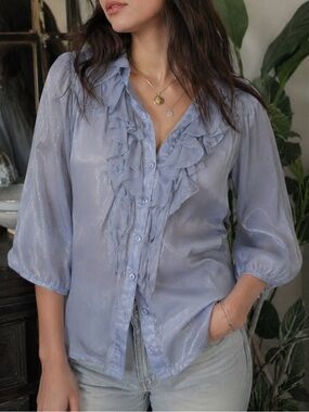 Chandelier Vintage Ruffle Blouse Small Sheer Shimmer Button Up Romantic Top